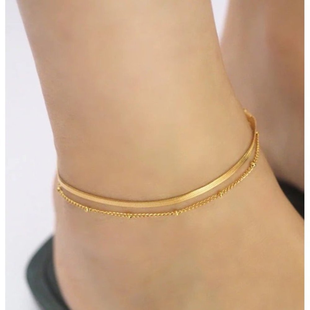 Gold Double-Layer Women's Anklet Bracelet - Elegant Gold Tone